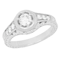 Art Deco Filigree Scrolls and Flowers Carved Low Profile 3/4 Carat Diamond Engagement Ring Setting in White Gold - 14K or 18K