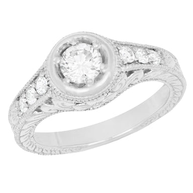 Art Deco Filigree Scrolls and Flowers Carved Low Profile 3/4 Carat Diamond Engagement Ring Setting in White Gold - 14K or 18K