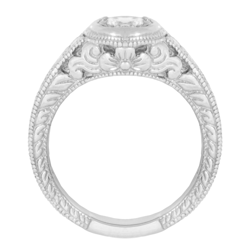 Art Deco Filigree Scrolls and Flowers Carved Low Profile 3/4 Carat Diamond Engagement Ring Setting in White Gold - 14K or 18K - Item: R990W75NS-LC - Image: 2