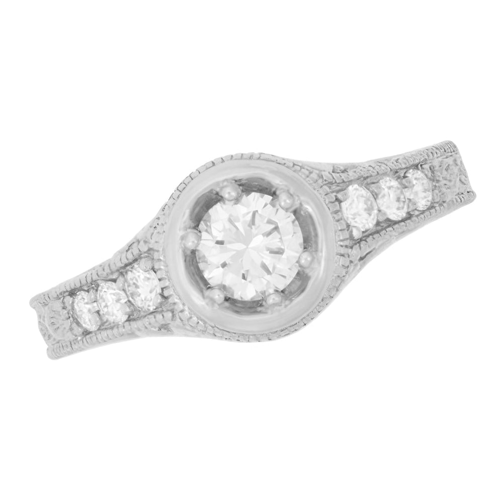 Art Deco Filigree Scrolls and Flowers Carved Low Profile 3/4 Carat Diamond Engagement Ring Setting in White Gold - 14K or 18K - Item: R990W75NS-LC - Image: 4
