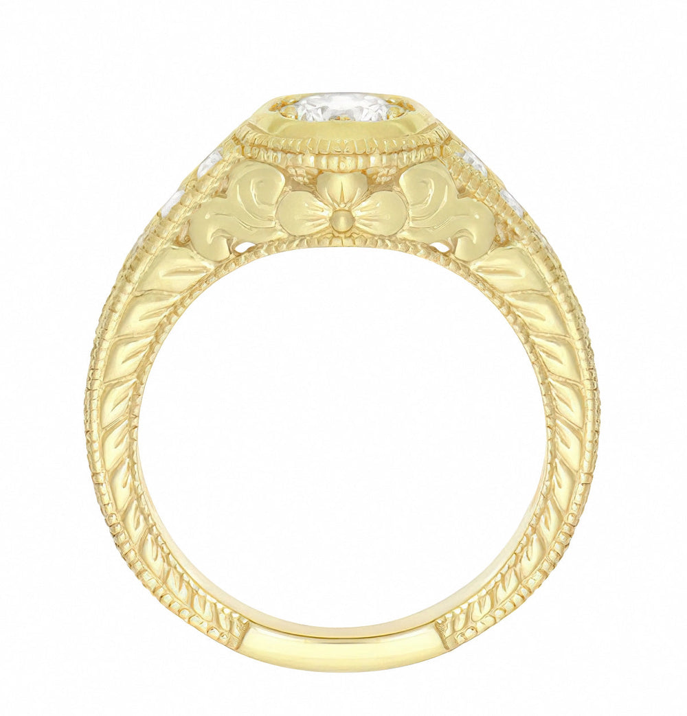Yellow Gold Art Deco Engraved Scrolls and Flowers 1/2 Carat Filigree Diamond Engagement Ring - Item: R990Y50D-LC - Image: 3