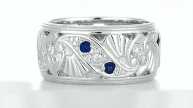 Retro Filigree Sapphire and Diamond 9.5mm Wide Wedding Ring in 14 Karat White Gold - alternate view