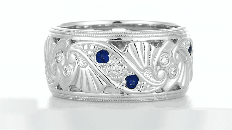 Retro Filigree Sapphire and Diamond 9.5mm Wide Wedding Ring in 14 Karat White Gold - Item: R472S - Image: 2