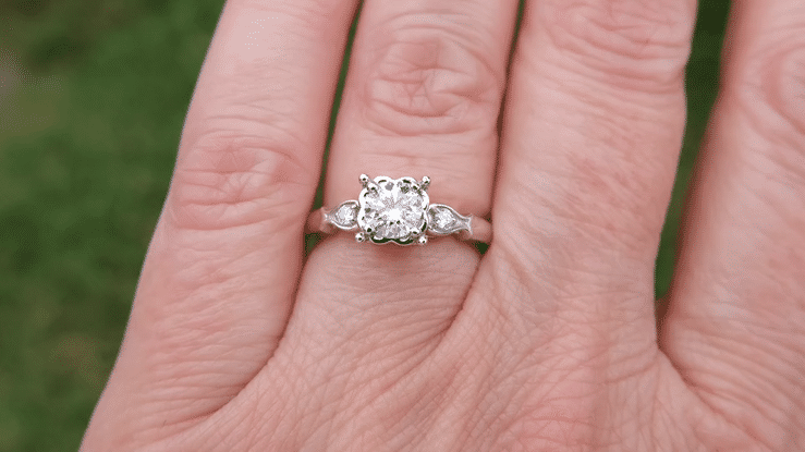 Mid Century Diamond Engagement Ring with Fish Shaped Side Silhouettes in White Gold - 1/2 Carat Center Diamond in a Square Fishtail Setting - Item: R1243W - Image: 5