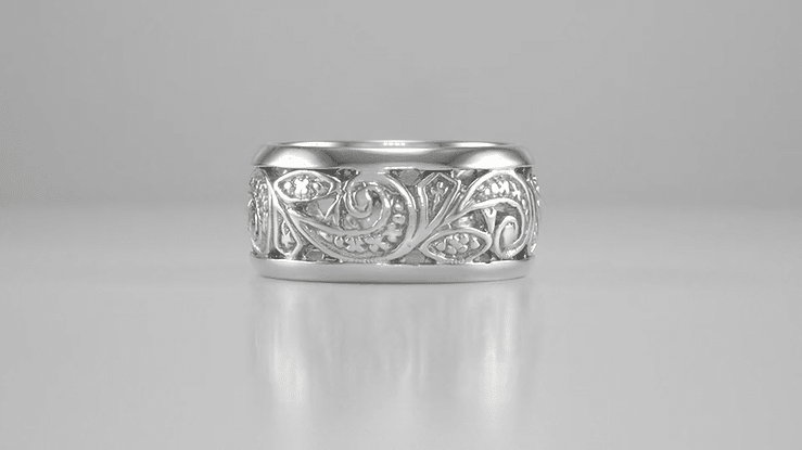 Retro Moderne Scrolls and Leaves Engraved Filigree Wide Wedding Ring in 14 Karat White Gold - 8.5mm - Size 5 - Item: R702 - Image: 3