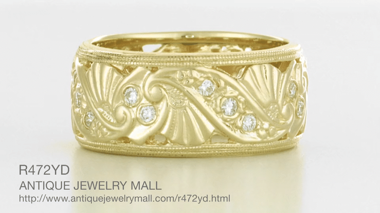 Retro Moderne Filigree Fan Scrolls Wide Diamond Wedding Ring in 14 Karat Yellow Gold - Item: R472YD - Image: 3