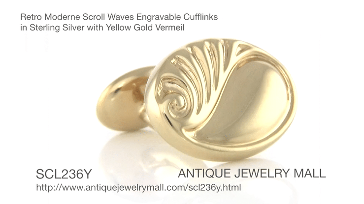 Retro Moderne Scroll Waves Engravable Cufflinks in Sterling Silver with Yellow Gold Vermeil - Item: SCL236Y - Image: 6