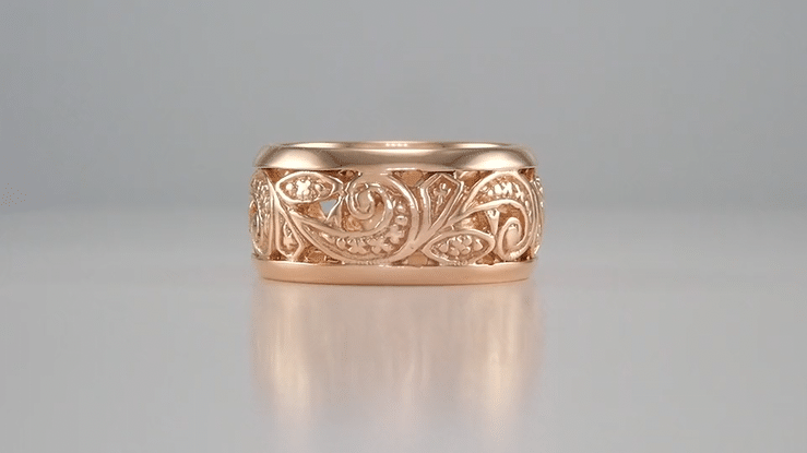 Retro Moderne Scrolls and Leaves Filigree 8.5mm Wide Wedding Ring in 14 Karat Rose ( Pink ) Gold | Size 5.5 - Item: R702R - Image: 3