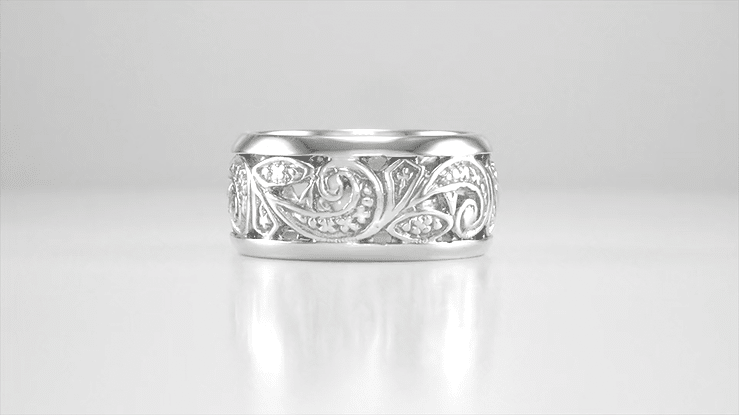 Retro Moderne Scrolls and Leaves Filigree Wide Band Ring in Sterling Silver | 8.5mm Wide - Item: SSR702 - Image: 2