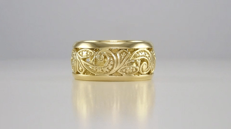 Retro Moderne Scrolls and Leaves Filigree Wedding Ring in Yellow Gold - 8.5mm Wide - Size 5.5 - Item: R702Y10 - Image: 3