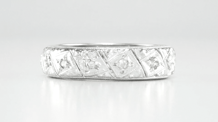 Riverton Antique Engraved Filigree Art Deco Diamond Wedding Band in Platinum - Size 6 3/4 - Item: R1103 - Image: 3