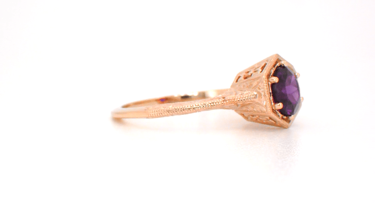 Rose Gold Art Deco Engraved Hexagon Filigree 3/4 Carat Amethyst Solitaire Ring - Item: R233R-14 - Image: 4