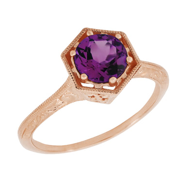 Rose Gold Art Deco Engraved Hexagon Filigree 3/4 Carat Amethyst Solitaire Ring