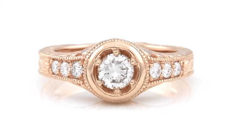 Rose Gold Art Deco Filigree Flowers & Scrolls 1/2 Carat Engraved Diamond Engagement Ring - Item: R990R50D-LC - Image: 7