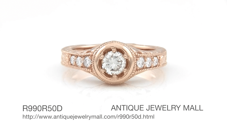 Rose Gold Art Deco Filigree Flowers & Scrolls 1/2 Carat Engraved Diamond Engagement Ring - Item: R990R50D-LC - Image: 7