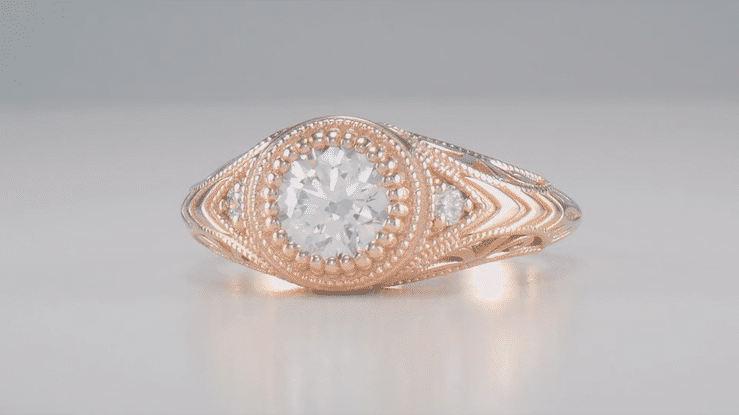 Rose Gold Art Deco Low Dome Engraved Filigree 3/4 Carat Diamond Engagement Ring - Item: R464R75-LC - Image: 8
