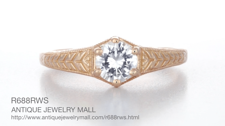 Rose Gold Art Deco Scrolls and Wheat White Sapphire Solitaire Filigree Engraved Engagement Ring - Item: R688RWS - Image: 4