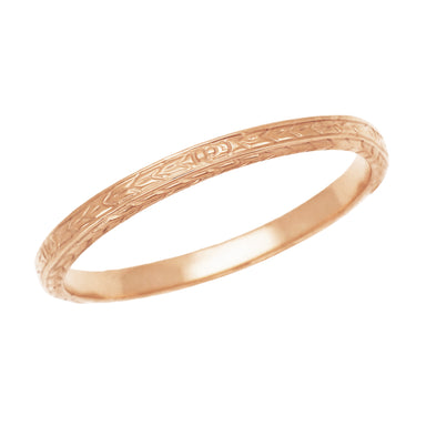 Art Deco Thin Wedding Band in 14 Karat Rose Gold with Wheat Engraving on Three Sides - 2.3mm Wide