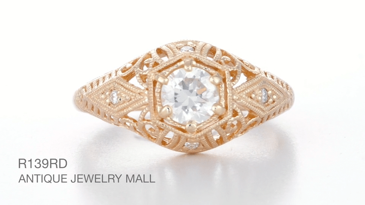 Rose Gold Edwardian Scroll Dome Filigree Diamond Engagement Ring - Item: R139RD-LC - Image: 5