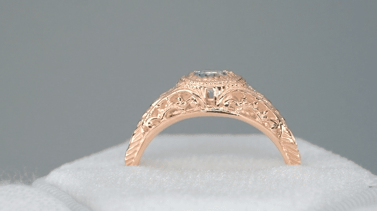 Rose Gold Engraved Filigree Art Deco Aquamarine Low Dome Engagement Ring with Side Diamonds - Item: R138RA-2 - Image: 5