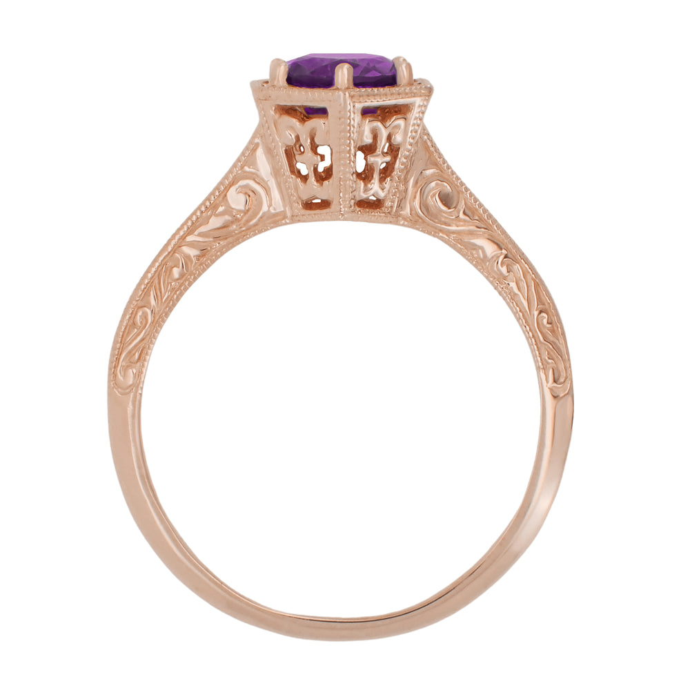 Rose Gold Art Deco Engraved Hexagon Filigree 3/4 Carat Amethyst Solitaire Ring - Item: R233R-14 - Image: 2