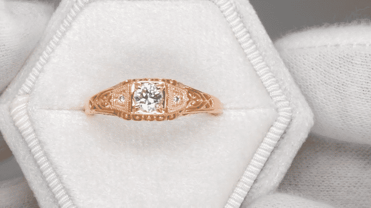 Rose Gold Filigree 1920's Art Deco White Sapphires Engagement Ring - Item: R228RWS - Image: 5