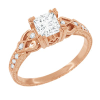 Rose Gold Loving Hearts 1 Carat Princess Cut Diamond Vintage Inspired Engraved Art Deco Engagement Ring