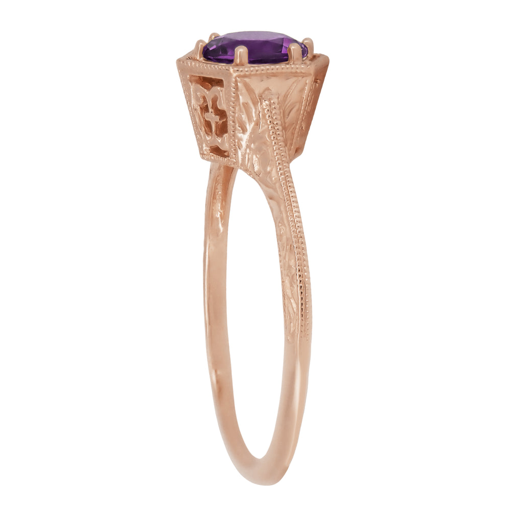 Rose Gold Art Deco Engraved Hexagon Filigree 3/4 Carat Amethyst Solitaire Ring - Item: R233R-14 - Image: 3