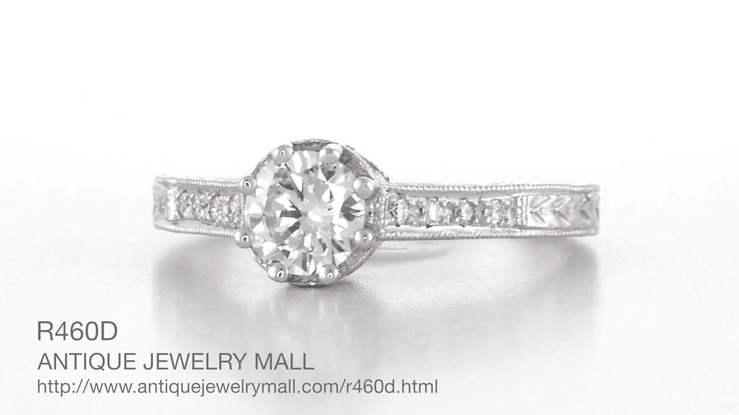 Royal Crown 1/2 Carat Natural Diamond Antique Style Engraved Engagement Ring in 18 Karat White Gold - Item: R460D - Image: 7