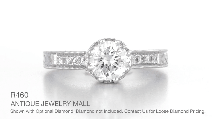 Royal Crown 3/4 Carat Antique Style Engraved Engagement Ring Setting in White Gold - 6mm - Item: R460W14-LC - Image: 5