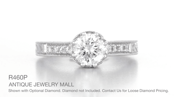 Royal Crown 3/4 Carat Engraved Art Deco Vintage Inspired Platinum Engagement Ring Setting - Item: R460P-LC - Image: 5