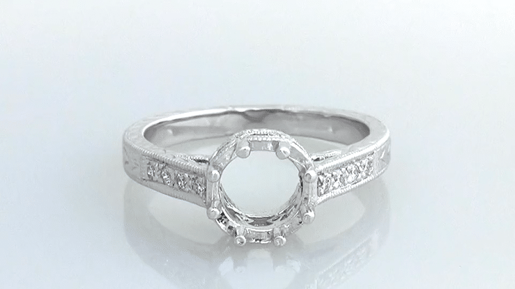 Royal Crown 1 - 1.25 Carat Antique Style Engraved Platinum Engagement Ring Setting - Item: R460P1-LC - Image: 6
