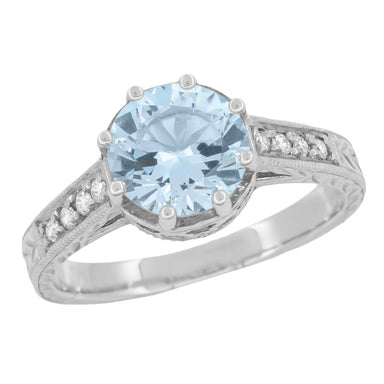Royal Crown 1 Carat Aquamarine Antique Style Engraved Engagement Ring in 18 Karat White Gold