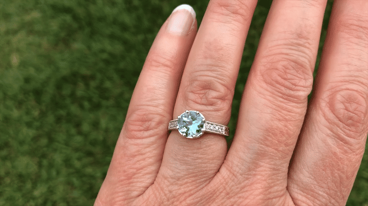 Royal Crown 1 Carat Aquamarine Antique Style Engraved Engagement Ring in 18 Karat White Gold - Item: R460A - Image: 6