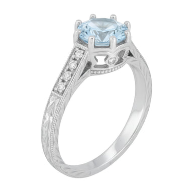 Platinum 1 Carat Aquamarine Royal Crown Antique Style Engraved Engagement Ring - alternate view