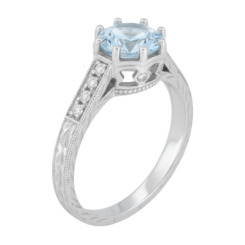Platinum 1 Carat Aquamarine Royal Crown Antique Style Engraved Engagement Ring - Item: R460PA - Image: 2