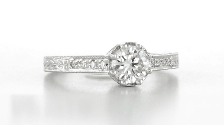 Royal Crown 1/2 Carat Antique Style Engraved Engagement Ring Setting in 14K or 18K White Gold | 5.5mm Round Ring Mount - Item: R460W14K50 - Image: 5