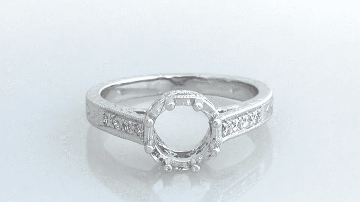 Royal Crown Antique Style Engraved White Gold Engagement Ring Setting for a 1 - 1.25 Carat Round Diamond - Item: R460W14K1-LC - Image: 7