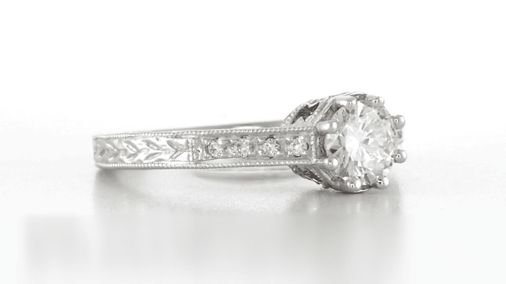 Royal Crown 1/2 Carat Antique Style Engraved Platinum Engagement Ring Setting | 5.5mm Round Mounting - Item: R460P50-LC - Image: 5