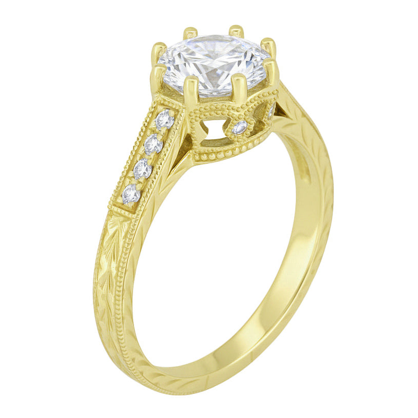 Vintage Inspired Yellow Gold Royal Crown Yellow Engagement Ring Setting for a 1 - 1.25 Carat Round Diamond