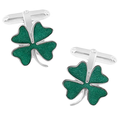 Lucky Four Leaf Clover Green Shamrock Enameled Cufflinks in 925 Solid Sterling Silver