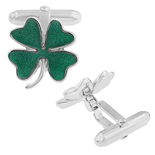 Irish Shamrock Clover Cufflinks in Solid 925 Sterling Silver with Torpedo Swivel Backs Green Enameled - SCL120E