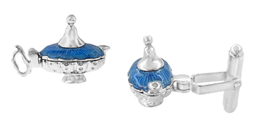 Magic Genie Lamp Movable Cufflinks in Sterling Silver with Blue Enamel - Item: SCL146E - Image: 3
