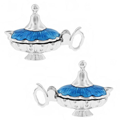 Genie Magic Lamp Cufflinks with Blue Enamel Lids - Solid Sterling Silver - SCL146E