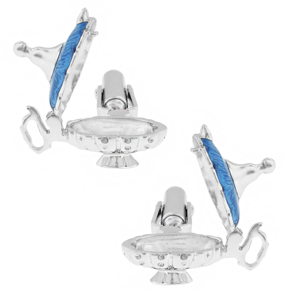 Genie Magic Lamp Cuff Links with Open Blue Enamel Lids - Solid Sterling Silver - SCL146E
