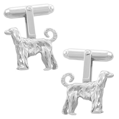 A pair of solid sterling silver cufflinks in the shape of an Afghan hound dog, with a polished finish and 3 dimensional detail. - SCL151