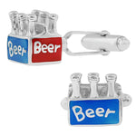 6 Pack Bottles of Beer Cufflinks in Sterling Silver with Red and Blue Enamel