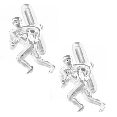 Football Player Cufflinks - Solid Sterling Silver. A pair of sterling silver cufflinks featuring a three-dimensional football player with a football held in his arm. SCL174