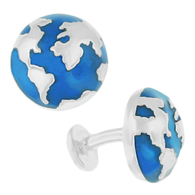 Blue Enamel World Globe Map Cufflinks in Sterling Silver