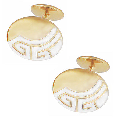 Art Deco Oval Shape Greek Key Mixed Metal Two Tone Cuff Links in Solid Sterling Silver with Yellow Gold Vermeil Plated - SCL235YW